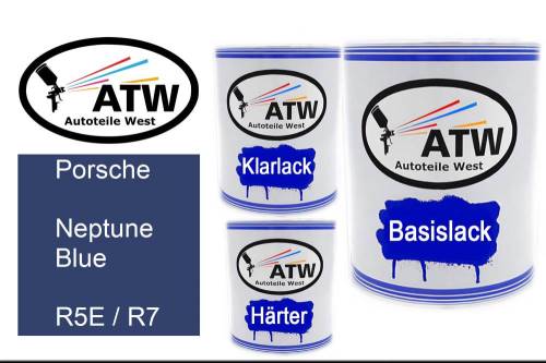 Porsche, Neptune Blue, R5E / R7: 1L Lackdose + 1L Klarlack + 500ml Härter - Set, von ATW Autoteile West.